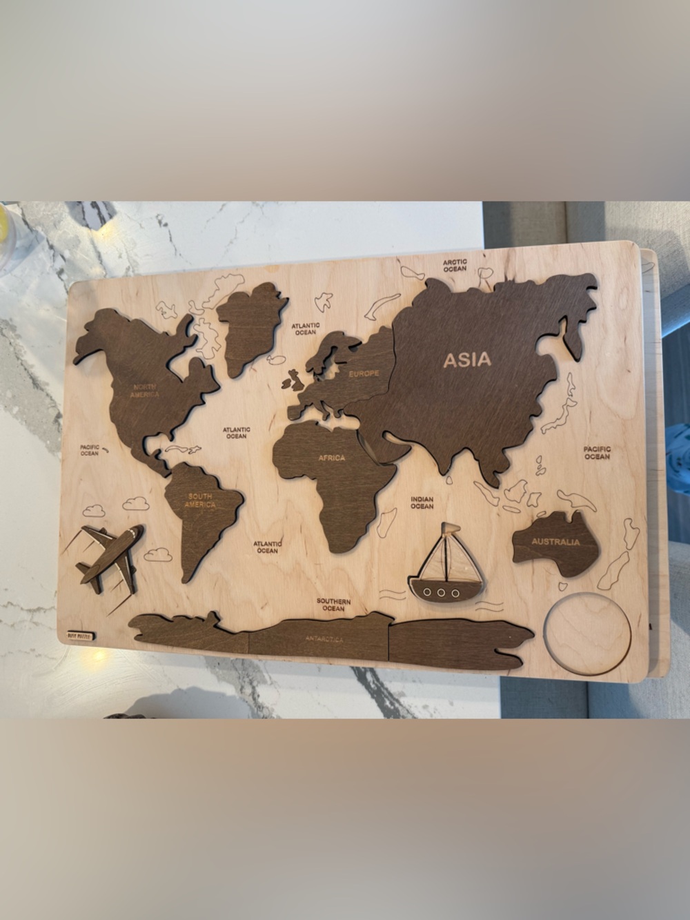 Wooden World Map Puzzle Tray - Dark Brown Continents on Light Birch